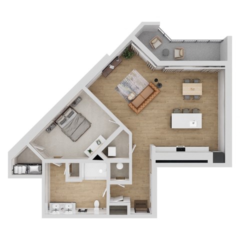 Floor plan for 1 bed, 1 bath, 891 sqft